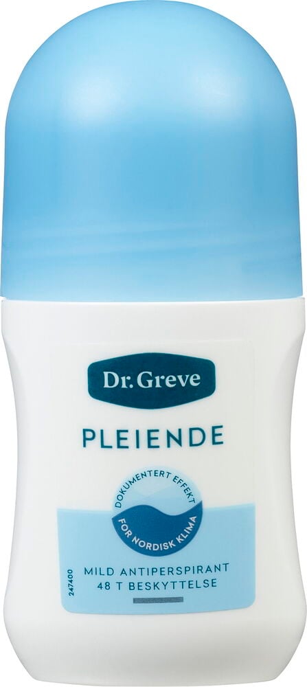 Deodorant, roll-on Dr Greve 50 ml Pleiende Antiperspirant, hvit flaske med lys blått lokk, frontvisning.