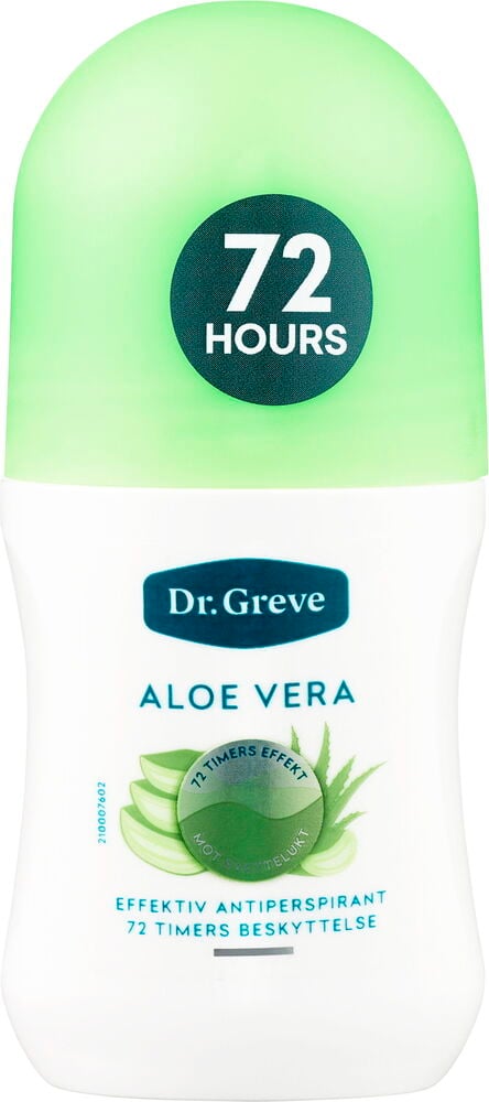 Hvit Dr Greve Aloe Vera antiperspirant roll-on deodorant med grønn kork og "72 HOURS" etikett.