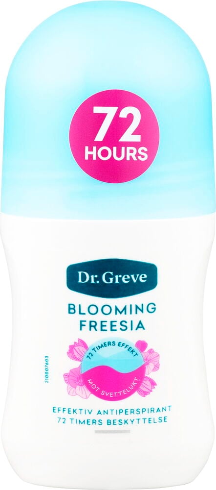 Deodorant, roll-on Dr Greve 50 ml Blooming Fresia Antiperspirant, hvit flaske med lyseblått lokk, merket 72 TIMER.