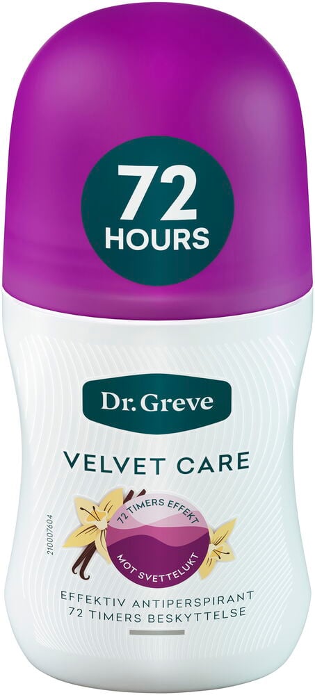 Lilla og hvit Dr Greve Velvet Care antiperspirant roll-on deodorantflaske med "72 HOURS" etikett.