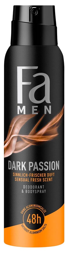 Schwarzes Fa Men Dark Passion Deospray mit schwarzer Kappe, orangefarbenem Boden und rauchigem Design.