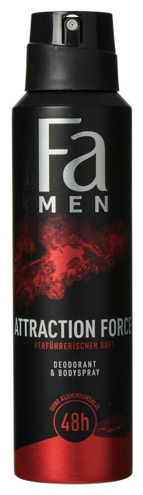 Schwarze Deospray Fa Men 150 ml Attraction Force Dose mit roter Rauchgrafik.