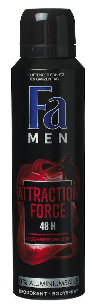 Ein schwarzes Fa Men Attraction Force Deospray mit blauer und roter Schrift, gekennzeichnet mit 0% Aluminiumsalze.