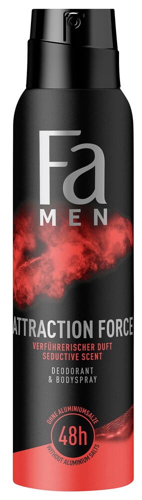 Eine schwarz-rote Deospray Fa Men 150 ml Attraction Force Dose mit schwarzem Sprühkopf, Vorderansicht.