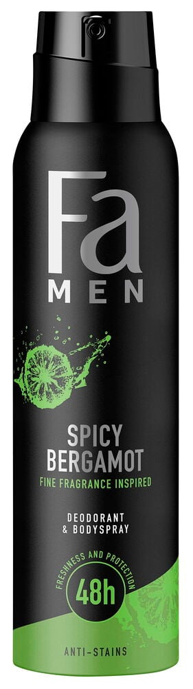 Schwarze Fa Men 150ml Spicy Bergamot Deosprayflasche mit grünem Boden und Limettengrafik.