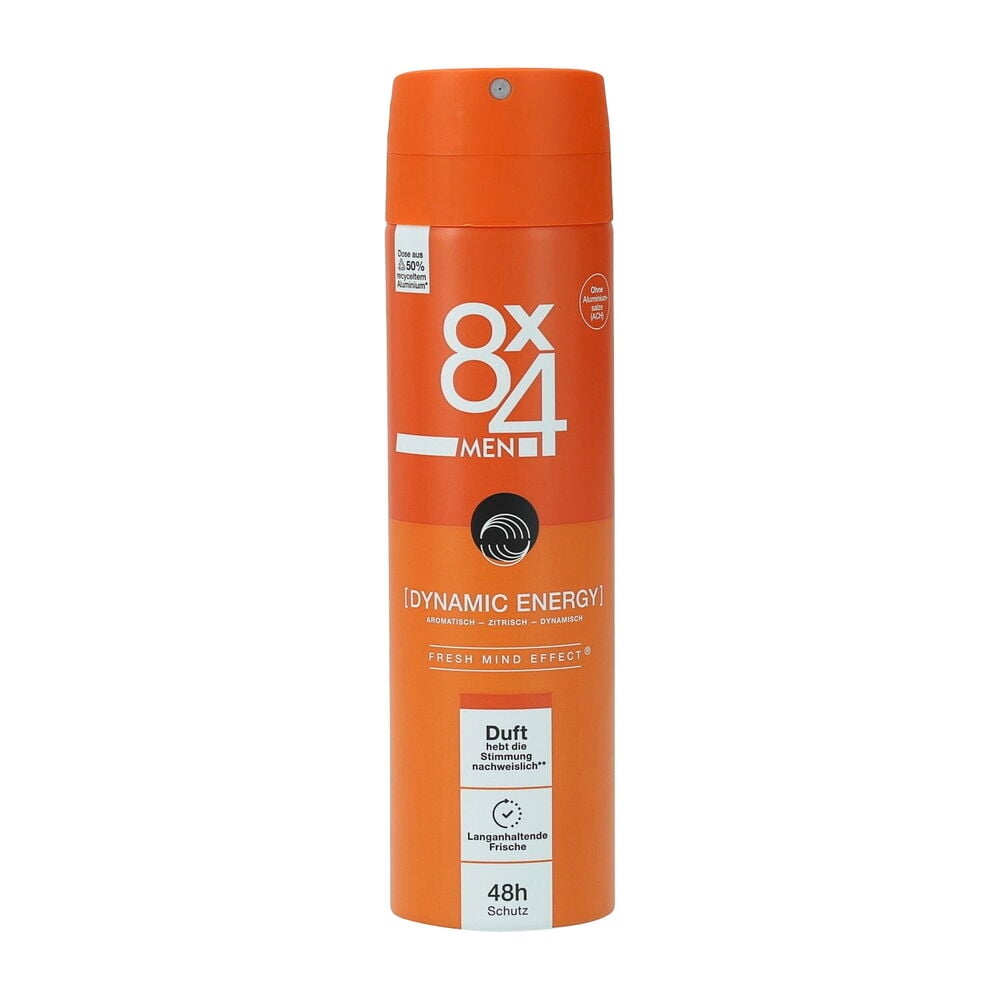 Orange zylindrische 8x4 MEN Dynamic Energy Deospraydose, Vorderansicht.