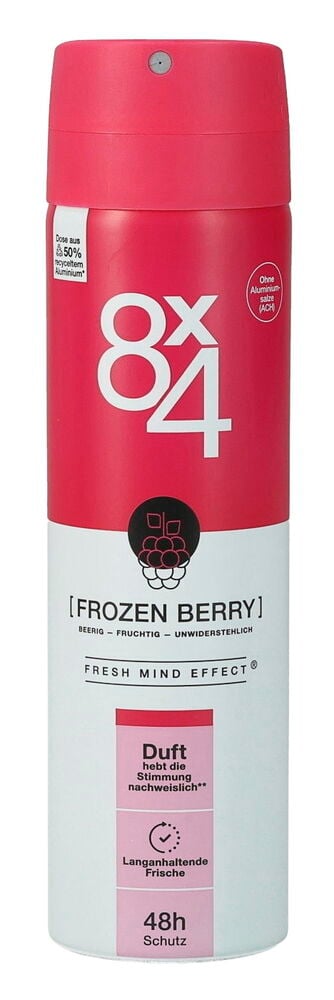 Ein pink-weißes Deospray 8x4 150 ml Frozen Berry mit Beerengrafik, Vorderansicht.