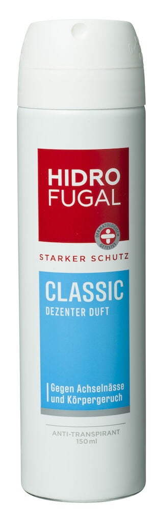 Weiße Deospray Hidrofugal 150 ml Classic Flasche mit rotem und blauem Etikett, Vorderansicht.