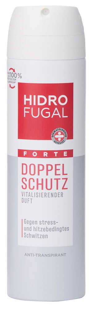 Weiße Deospray Hidrofugal 150 ml Doppel Schutz Dose mit rotem und grauem Etikett, Vorderansicht.