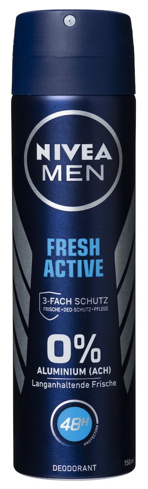 Deospray Nivea Men 150 ml Fresh Active, eine blaue Aerosol-Deodorantdose mit silbernem Logo und Text.