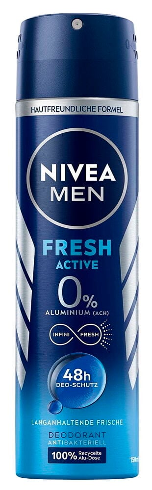 Blaues Nivea Men Fresh Active 150 ml Deospray mit 0% Aluminium und 48h Deo-Schutz, Vorderansicht.