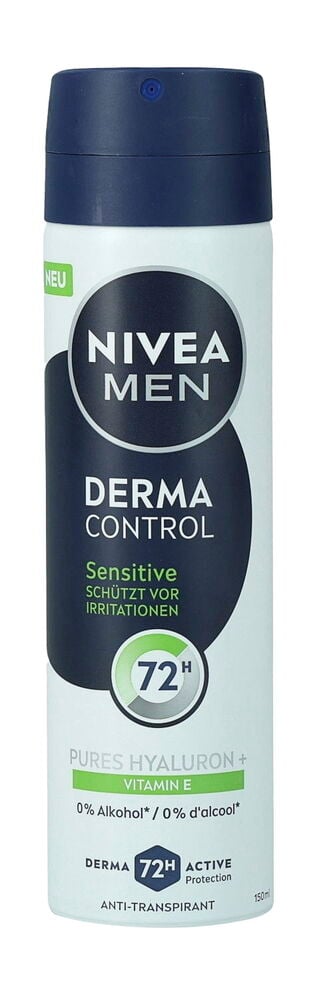 Deospray Nivea Men 150 ml Derma Control Sensitive, weiße Flasche mit dunkelblauer Kappe und Etikettendetails.