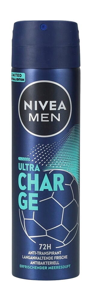 Dunkelblaue Deospray Nivea Men 150 ml Ultra Charge Fußball-Edition mit Fußball-Design.
