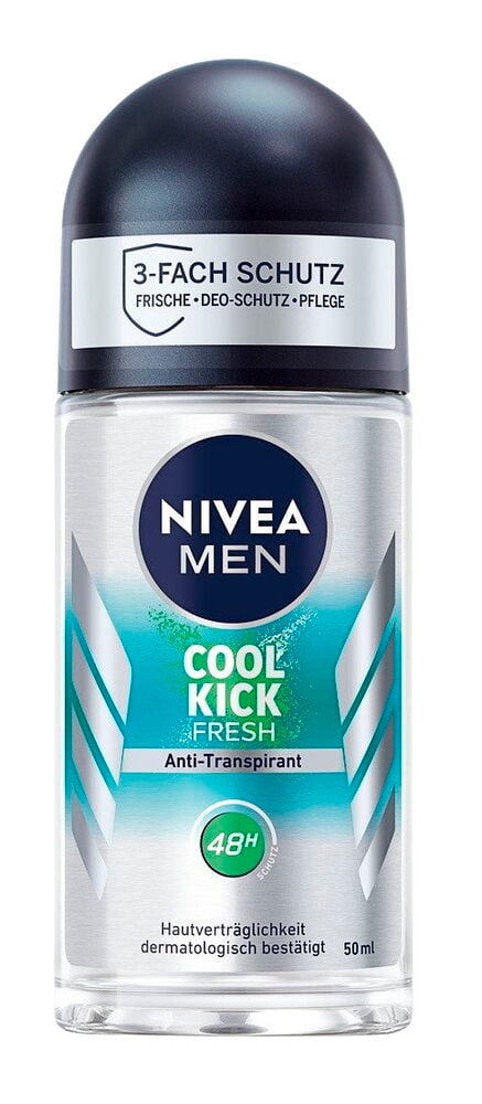 Vorderansicht eines Nivea Men Cool Kick Fresh Anti-Transpirant Roll-ons, klare Flasche, schwarzer Deckel, Silberetikett.