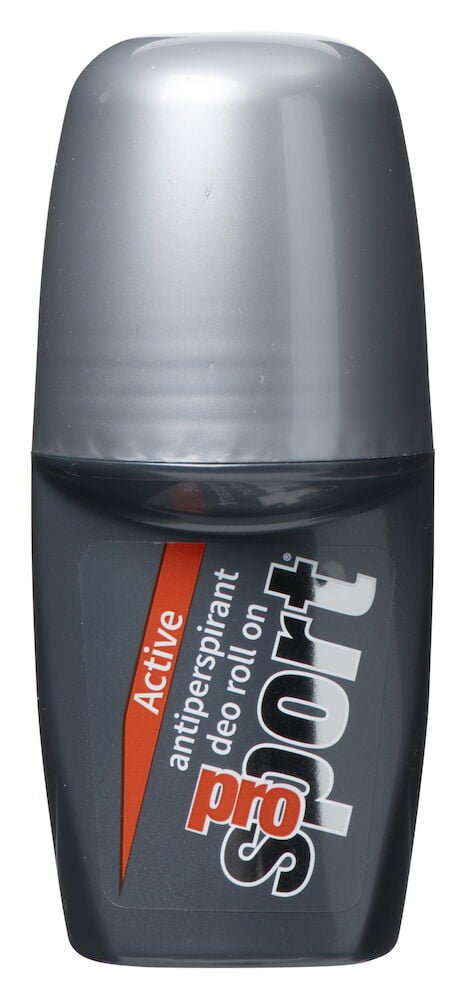 Ein dunkelgraues Deo, Roll-on Pro Sport 60 ml Active mit silberner Kappe und orange-weißer Beschriftung.