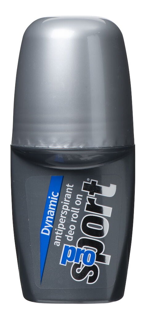 Deo, Roll-on Pro Sport 60 ml Dynamic, eine dunkelgraue Flasche mit glänzendem Silberverschluss und blauem Etikett.