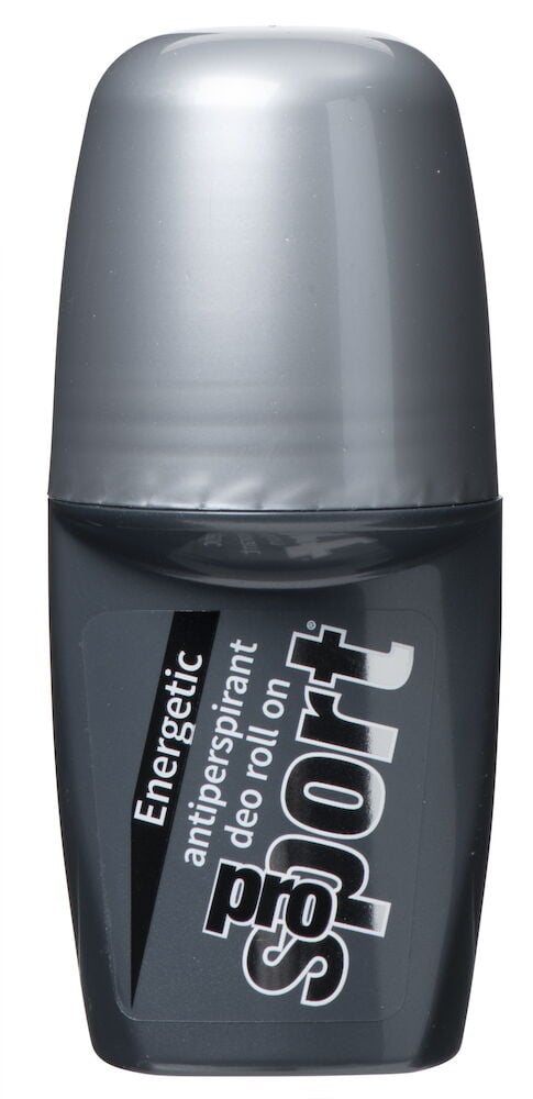 Ein dunkelgraues Deo, Roll-on Pro Sport 60 ml Energetic mit silberner Kappe, Vorderansicht.