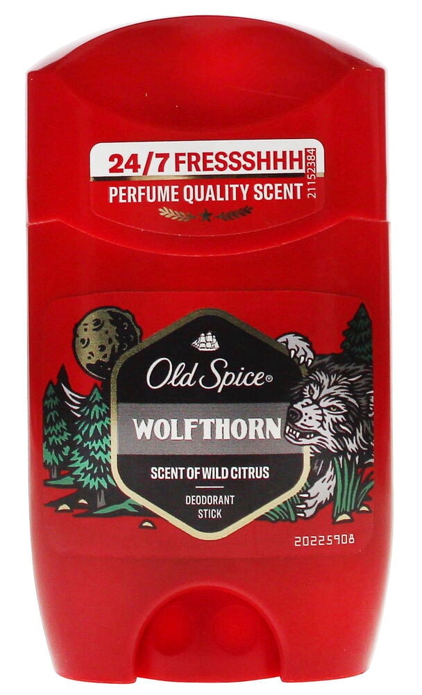 Roter Old Spice Wolfthorn Deostick mit Etikett, das einen Wolf und Bäume auf der Vorderseite zeigt.