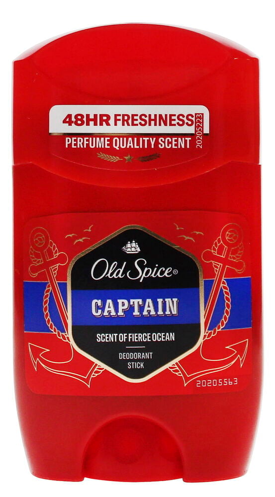 Roter Old Spice Captain Deostick mit schwarzem und blauem Etikett mit 48 Stunden Frische-Details und Parfumqualität Duft.