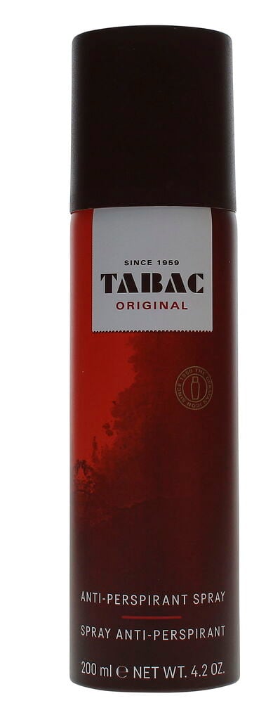 Ein rotes zylindrisches Tabac Original Deospray, 200 ml, mit einer schwarzen Kappe.