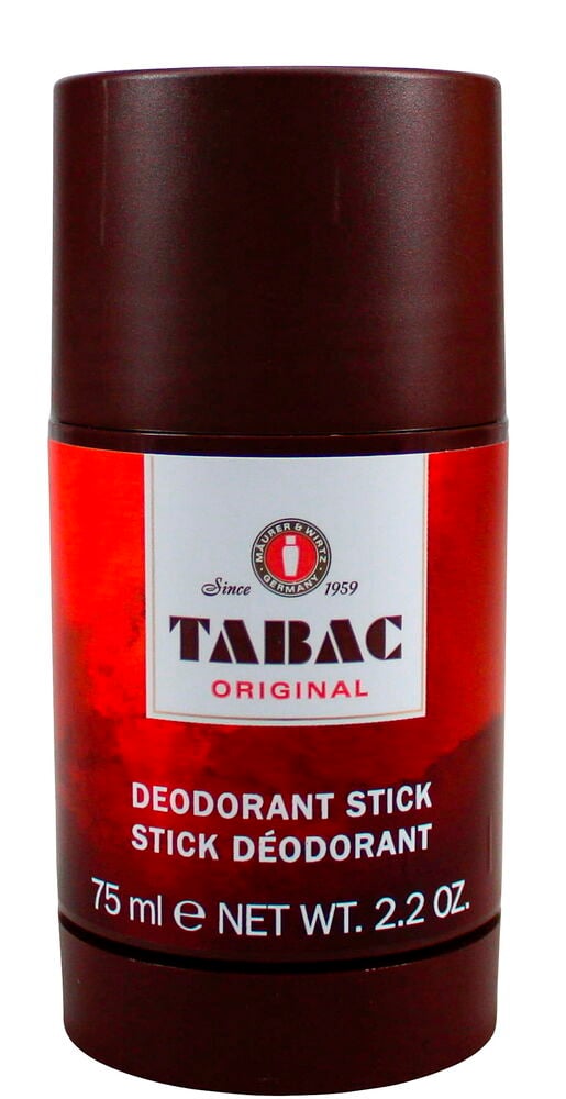 Ein brauner Deostick Tabac 75 ml mit rotem Etikett und weißem Text, aufrecht gezeigt.