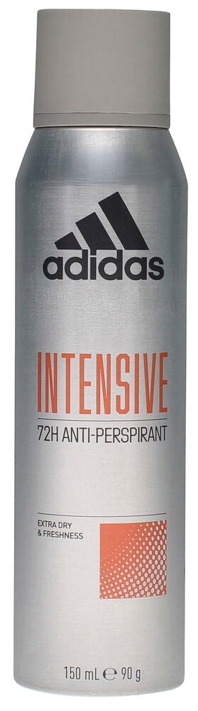 Adidas Intensive 150 ml Deospray, eine silberne Anti-Transpirant-Dose mit grauem Deckel.