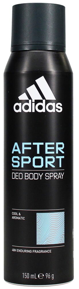 Schwarze Adidas After Sport Deospraydose mit hellblauer Schrift und weißem Logo.