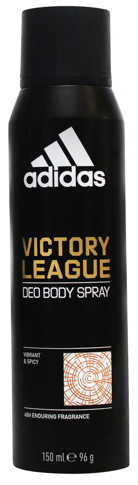 Eine schwarze Adidas Victory League Deospraydose, 150 ml, mit Goldtext sowie weißem Logo und Details.