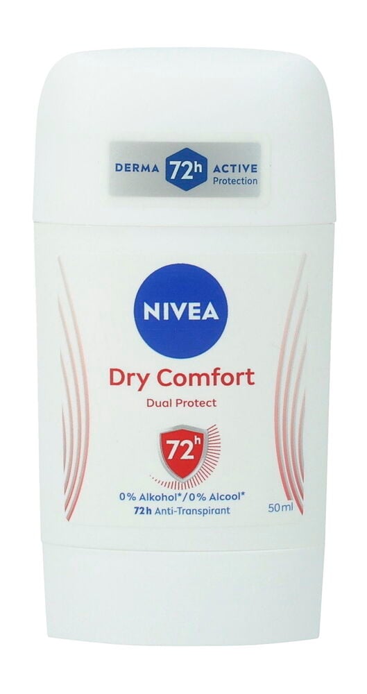 Weißer Nivea 50ml Dry Comfort Deostick, 72h Antitranspirant mit 0% Alkohol, und blauem Nivea-Logo.