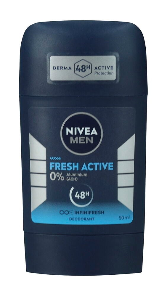 Dunkelblauer Deostick Nivea 50 ml Men Fresh Active mit hellblauem und weißem Etikett.