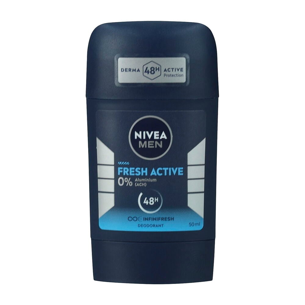 Deostick Nivea 50 ml Men Fresh Active, ein dunkelblauer Stick mit weißen und hellblauen Details.