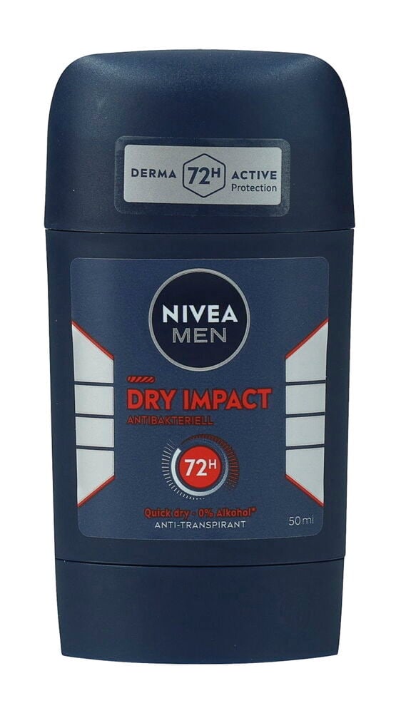 Dunkelblauer Deostick Nivea 50 ml Men Dry Impact mit 72H Schutzetikett.