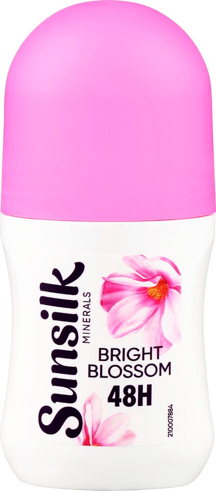 Deodorant, roll-on Sunsilk Minerals 50 ml Bright Blossom Antiperspirant, hvit med rosa kork og blomst.