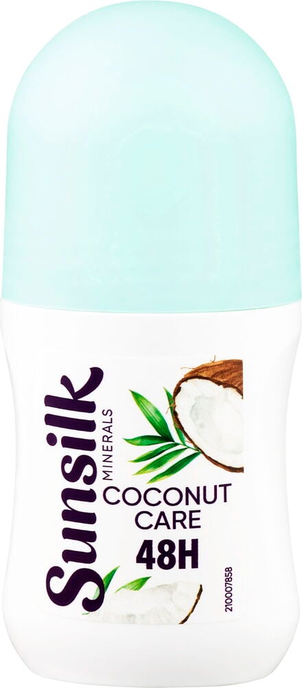 Hvit Deodorant, roll-on Sunsilk Minerals Coconut Care Antiperspirant med lyseblå kork og kokosnøttetikett.