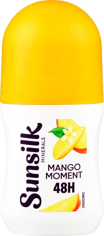 Deodorant, roll-on Sunsilk Minerals 50 ml Mango Moment Antiperspirant, hvit flaske, gul kork, mangoillustrasjon.