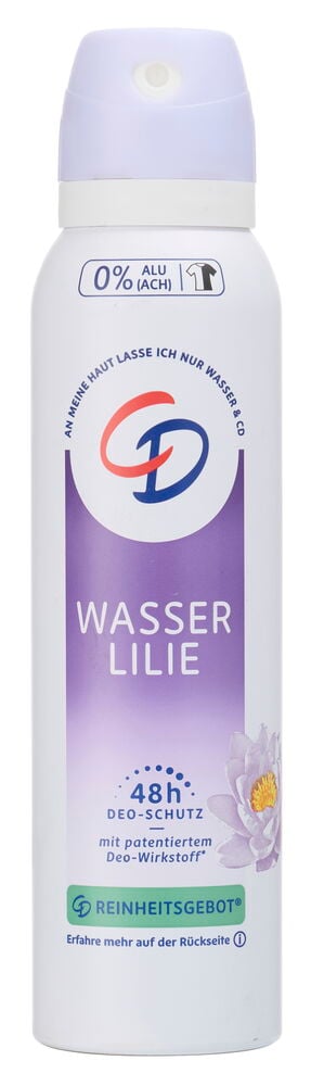 Weißes Deospray CD 150 ml Wasser Lilie mit lila Etikett mit Seerose und helllila Kappe, Vorderansicht.