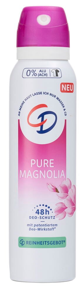 Weißes CD Pure Magnolie Deospray 150ml mit pinkem Deckel und Magnolienblüten-Design.