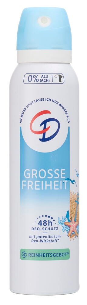 Weiße zylindrische CD Deospray Grosse Freiheit 150ml mit hellblauer Kappe und Strandmotivetikett.