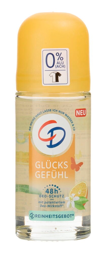 Deo, Roll-on CD 50 ml Glücks Gefühl, klare Flasche mit gelber Kappe und orangefarbenem Etikett.