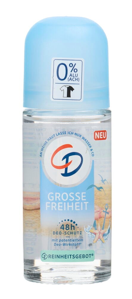 Deo, Roll-on CD 50 ml Grosse Freiheit, eine klare Flasche mit hellblauem Deckel, Vorderansicht.
