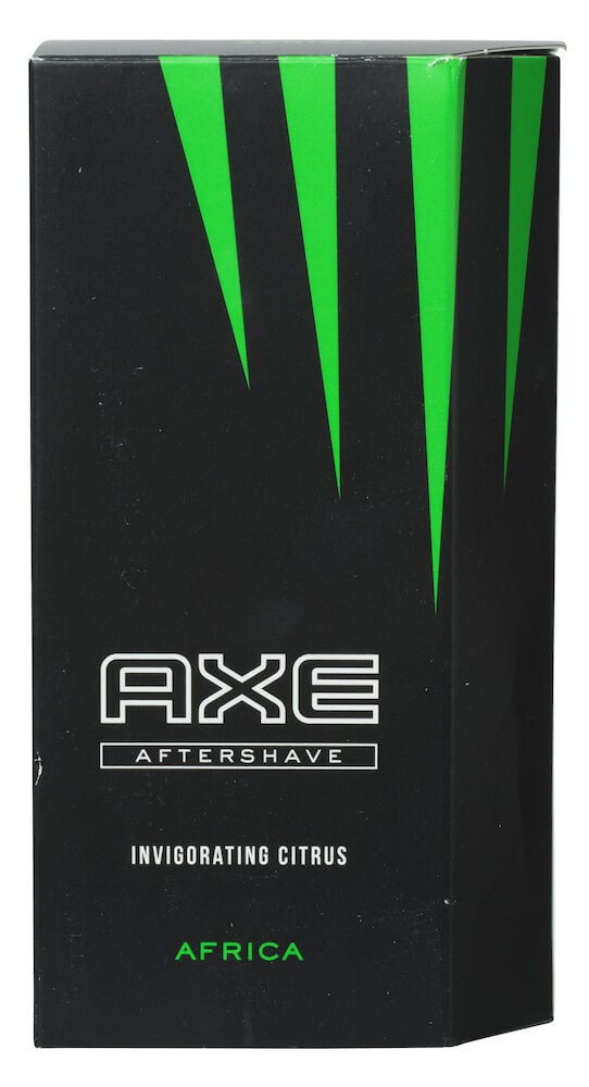 Svart ask med gröna ränder och texten Axe Aftershave.