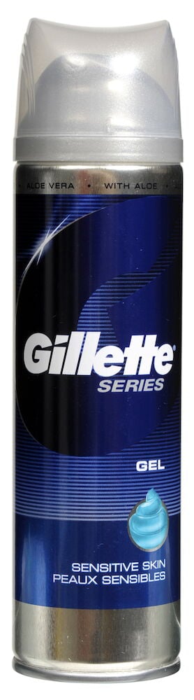 En blå rakgelburk med genomskinligt lock.