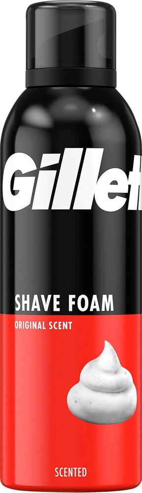 Svart och röd rakskumsburk med Gillette-logotyp.