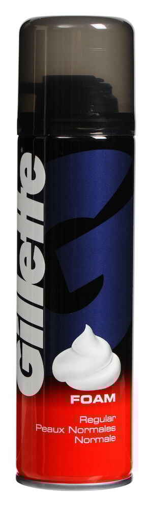 Röd burk raklödder Gillette med genomskinligt lock.