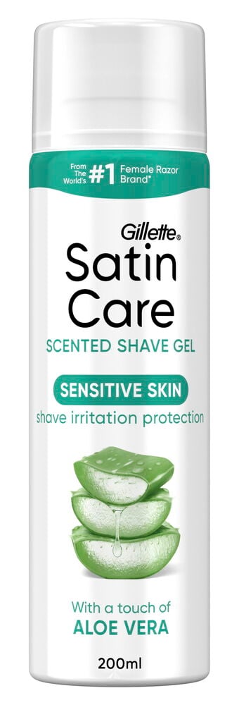 En hvit flaske Barbergele Satin Care 200 ml Aloe Vera Sensitive Skin, med grønn etikettdetalj.