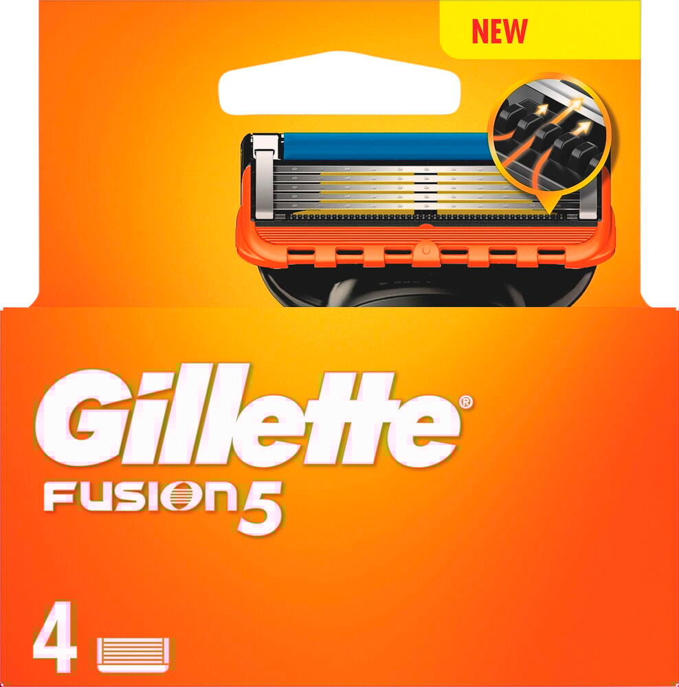 Fyra rakblad Gillette Fusion5 i orange förpackning.