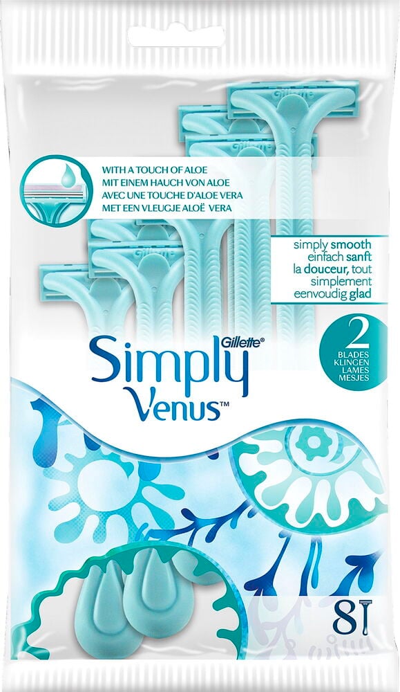 Åtta engångsrakhyvlar i blått och vitt plastförpackning.