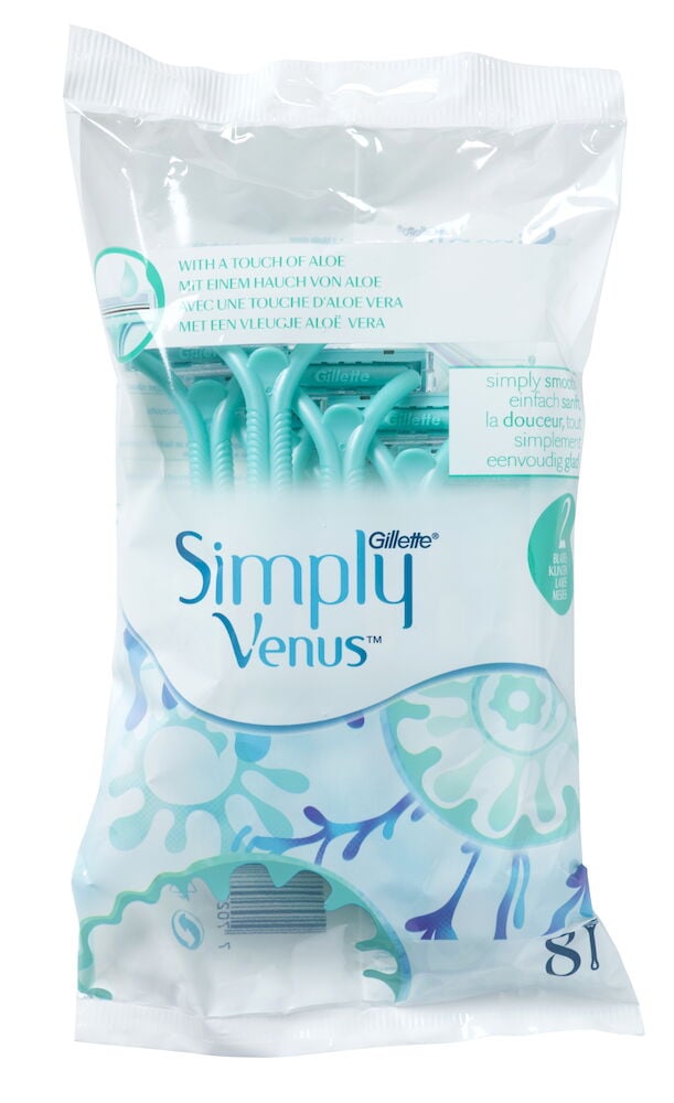 Förpackning med åtta engångsrakhyvlar i blått och vitt.