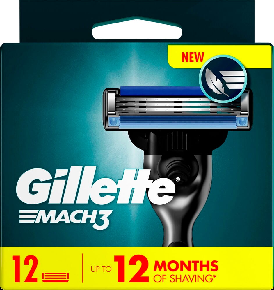 Svart rakapparat med blått Mach3-rakblad framifrån.