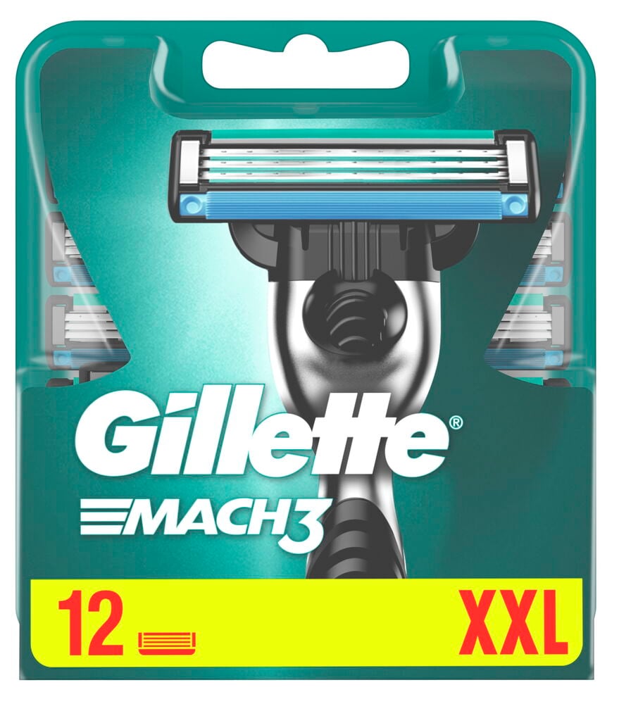 Förpackning med tolv Gillette Mach3 rakblad herr.